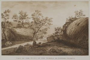 Ruinen des Jupiter-Olymp-Tempels mit Vegetation, Menschen und Himmel im Hintergrund, mit Text unten.