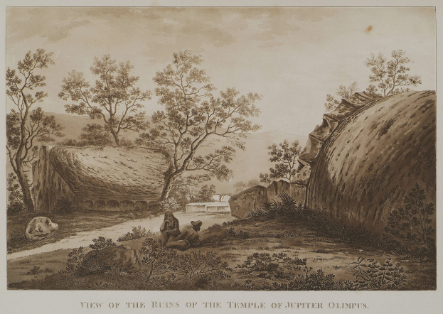 Ruinen des Jupiter-Olymp-Tempels mit Vegetation, Menschen und Himmel im Hintergrund, mit Text unten.