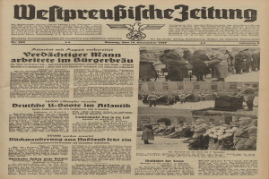 Titelblatt einer deutschen Zeitung vom 13. November 1939, betitelt "Weitpreubliche Zeitung", das eine Gruppe von Menschen in traditioneller deutscher Kleidung zeigt.