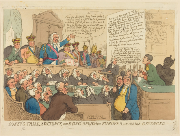 Cartoon-Illustration einer Gerichtsszene mit einem zentralen stehenden Mann, sitzenden Figuren, einem Tisch mit Gegenständen auf der rechten Seite und der Beschriftung "Boney's Trial, Sentence, and Dying Speech Europe's Injuries Revenged" unten.