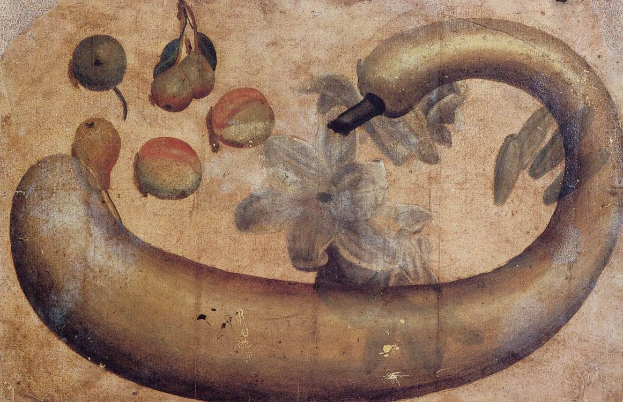 Ein leuchtendes Bild auf Papier mit einer Banane mit einer Blume darauf, umgeben von verschiedenen Früchten und Blättern.
