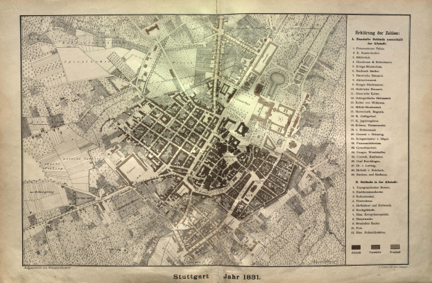 Ein detailliertes 1881-Karte von Stuttgart, Deutschland, mit Text, der einen ├ťberblick ├╝ber das Gebiet gibt.