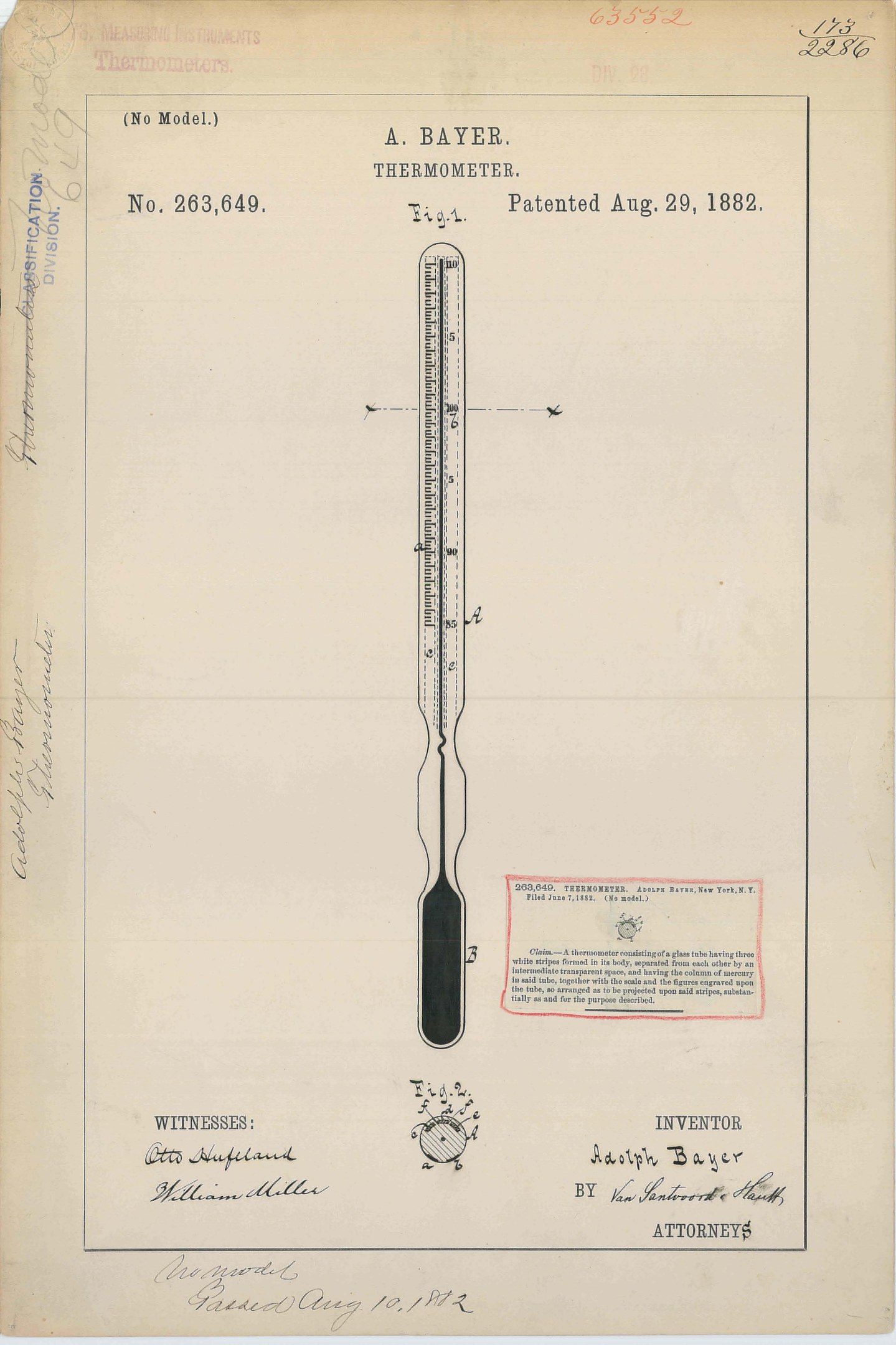 Ein altes Buch mit einer Zeichnung eines "Bayer Thermometers" beschriftet mit "Patent Nr. 263,649" auf dem Cover.
