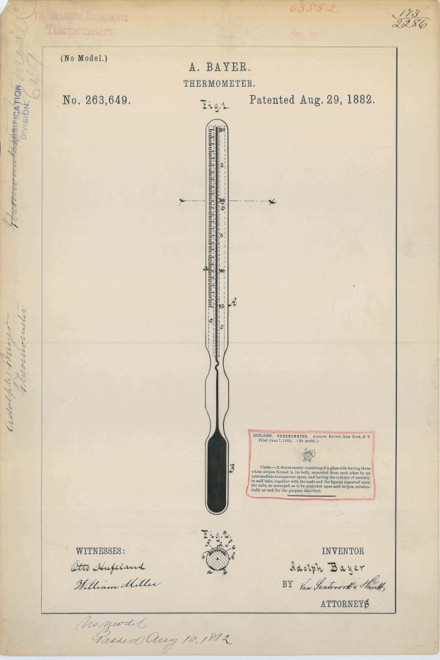 Ein altes Buch mit einer Zeichnung eines "Bayer Thermometers" beschriftet mit "Patent Nr. 263,649" auf dem Cover.