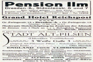 Schwarze und weiße Zeitungsanzeige für Pension Inn in Dresden, Deutschland.