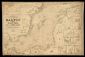 Ein detailliertes Kartenbild der Ostsee auf schwarzem Hintergrund, das Gewässer, Inseln und geografische Merkmale zeigt, mit Textbeschriftungen von Städten, Ortschaften und Flüssen.