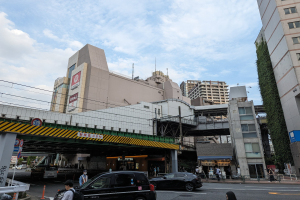 Eine belebte Stadtstraße mit Autos, Fußgängern, Verkehrskegeln, Schildern, einer Brücke, Gebäuden, Bäumen und einem bewölkten Himmel.