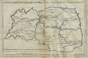 Ein altes Buch mit einer detaillierten Karte der Ukraine, die Provinzen und Städte zeigt, begleitet von beschreibendem Text.