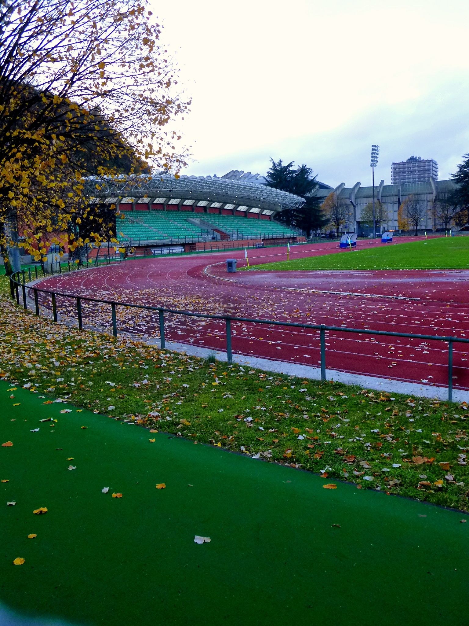 Eine Laufbahn in einem Park mit heruntergefallenen Blättern, umgeben von einem Zaun, Gras, Bäumen, Tribünen, Laternenmasten, Gebäuden und einem bewölkten Himmel.