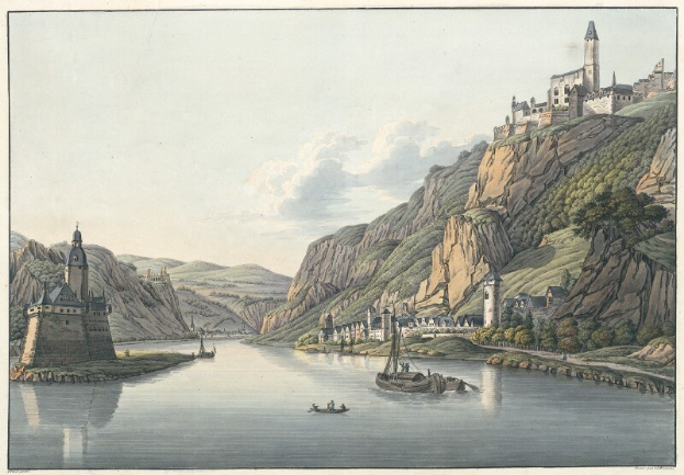 Gemälde eines Flusses mit Booten, umgeben von Hügeln, Bäumen, Gebäuden und einem wolkenverhangenen Himmel, mit dem Text "Schloss Karlsruhe in Deutschland" unten.