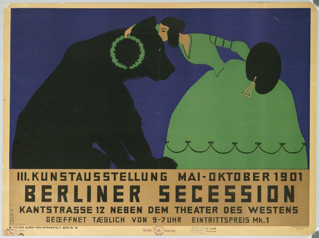 Plakat für die Berliner Secession mit einer Frau in einem grünen Kleid und einem Mann in einem schwarzen Anzug mit Textbeschreibung.