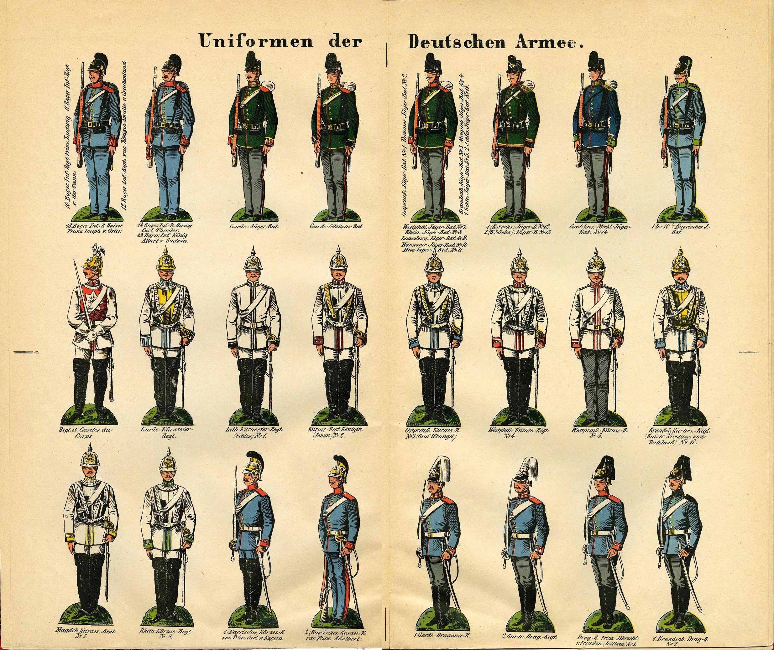 Ein Buch, das bunte Militäruniformen der deutschen Armee mit detaillierten Elementen wie Helmen, Gewehren und anderen Waffen zeigt.