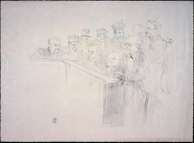 Eine Zeichnung einer Gruppe von Menschen in einer Gerichtssituation, die an einem mit Papieren bedeckten Tisch sitzen, mit einem schwarzen Rand um die R├Ąnder.
