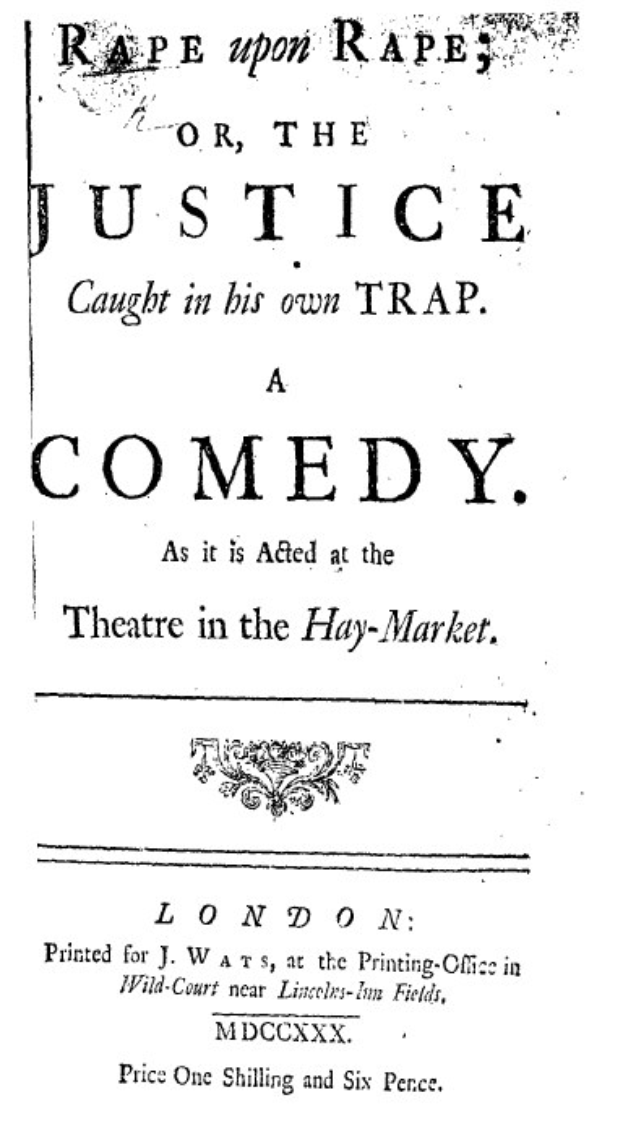 Schwarzes und weißes Plakat mit fetter schwarzer Schrift, die 'Vergewaltigung über Vergewaltigung oder die Justiz in ihrer eigenen Falle' lautet, wahrscheinlich Ankündigung einer Comedy-Show.