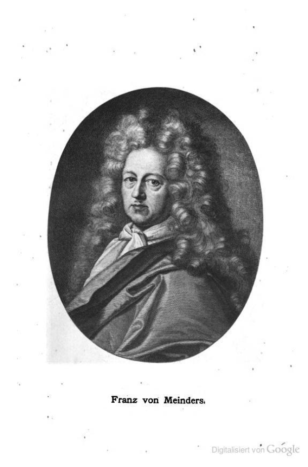 Schwarz-weiß-Portr├Ąt von Franz von Meinders, einem deutschen Komponisten mit langen Locken, mit deutschem Text unten.