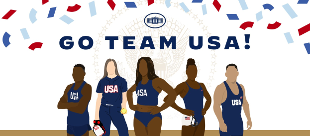 Gruppe animierter Menschen vor einem weißen Hintergrund mit der Schrift 'Go Team USA' in fetten, bunten Buchstaben, repräsentierend das US-amerikanische Frauen-Volleyballteam.