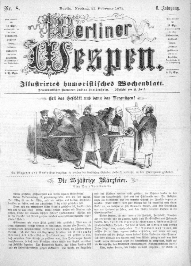 Alte deutsche Zeitung "Berliner Wespen" vom 21. Februar 1873 mit einer Gruppe von Menschen in traditioneller deutscher Kleidung, die sich unterhalten, sowie deutschem Text zum Ereignis.