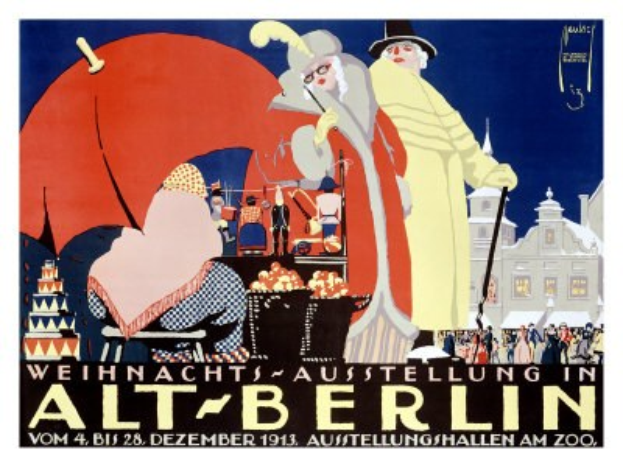 Plakat, das eine Weihnachtsausstellung in altem Berlin ankündigt, mit bunten Illustrationen von Menschen und Gebäuden und dem Text "Weihnachtsausstellung in Alt-Berlin" oben drauf.