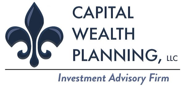 Logo von Capital Wealth Planning, LLC: ein blauer Kreis mit weißer Umrandung und einem weißen "C" in der Mitte, umgeben von einem weißen Ring mit blauem Text "Capital Wealth Planning" und "Investment Advisory Firm" in weiß darunter.