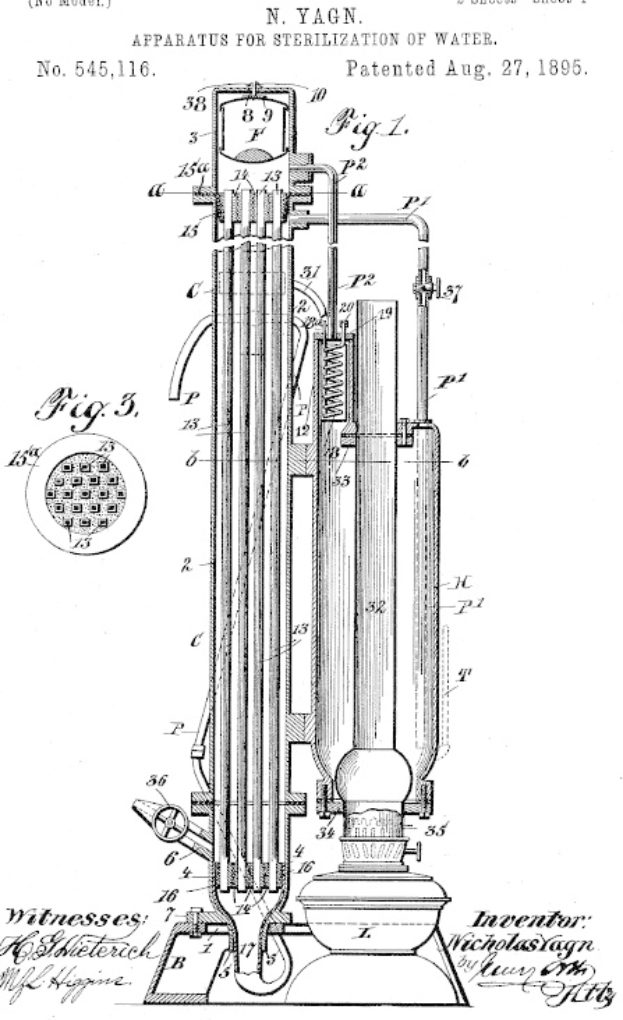 Schwarzes und weißes Patentbild einer Vorrichtung zum Sterilisieren von Wasser, beschriftet mit "Vorrichtung zur Sterilisation von Wasser", mit detaillierten technischen Texten und Diagrammen auf einem weißen Hintergrund.