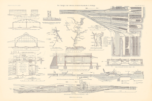 Ein detailliertes Bild einer Bahnstation mit Gleisen, Bahnsteigen und Gebäuden auf dem Cover eines alten Buches.