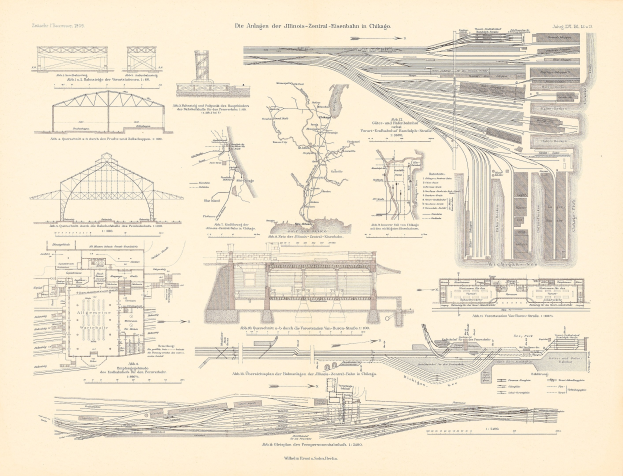 Ein detailliertes Bild einer Bahnstation mit Gleisen, Bahnsteigen und Gebäuden auf dem Cover eines alten Buches.