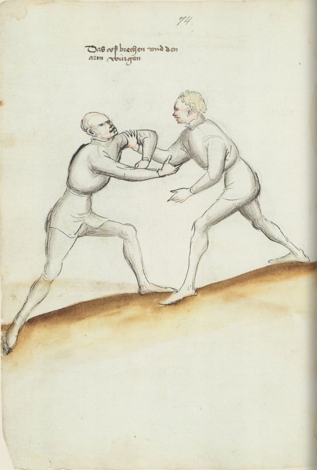 Zwei Männer stehen sich in einer physischen Auseinandersetzung gegenüber, wobei einer einen Schlag austeilt, während er auf einem Blatt mit sichtbarem Text steht.