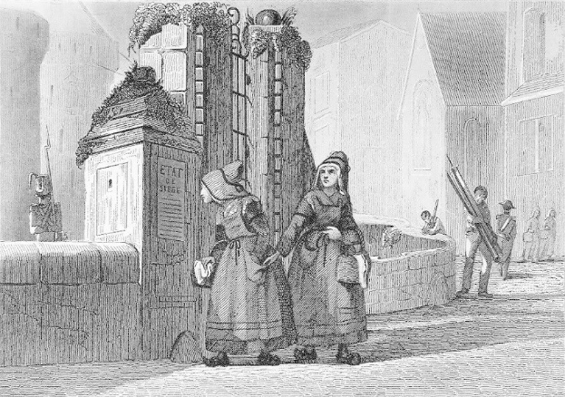 Schwarz-weiß-Gravur von zwei Frauen, die vor einem Gebäude stehen, mit ein paar anderen Menschen im Hintergrund und Text, der unten "Victorian Women in the City of London" liest.