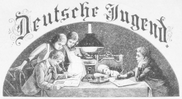 Gruppe von Kindern an einem Tisch mit Lampe, Büchern und anderen Gegenständen sitzend, mit einem schwarzen und weißen 'Deutsche Jugend' Plakat über ihnen.