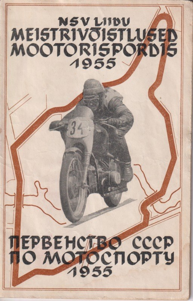 Altes Buchcover mit einem Mann in einem Rennanzug und Helm, der auf einem klassischen Motorrad fährt, mit dem Wort 'MOTORSPORT' in fetter schwarzer Schrift.