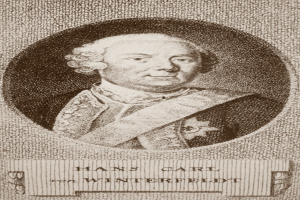 Schwarzes und weißes Porträt von Hans Carl von Winterfeldt, ein Mann mit ernstem Gesichtsausdruck, mit Text unten auf dem Bild.