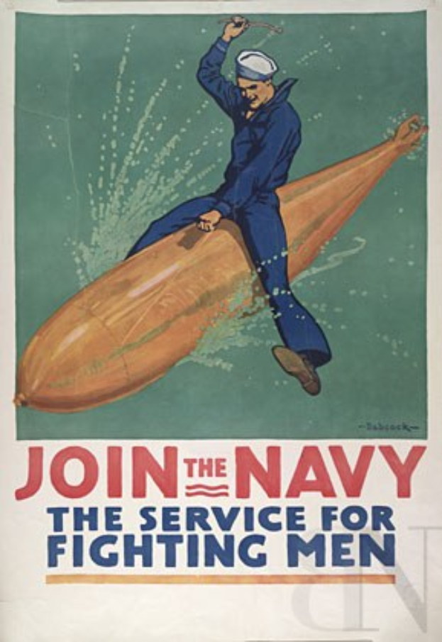 Plakat mit einer Person in einer dunkelblauen Uniform und weißer Mütze, die in einer heroischen Pose mit verschränkten Armen steht und "Join the Navy - The Service for Fighting Men" in fetter schwarzer Schrift auf einem tiefblauen Hintergrund bewirbt.