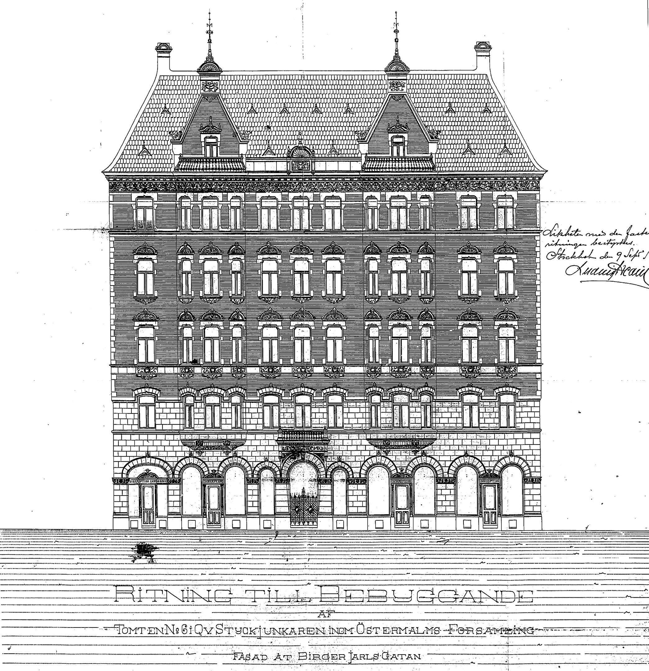 Schwarze und weiße detaillierte Zeichnung des Ritz-Carlton Hotels in Hamburg, Deutschland, mit einem mehrfenstrigen Gebäude und sichtbarem Text.