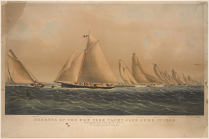 Eine Regatta des New York Yacht Clubs mit mehreren Booten auf dem Wasser, Menschen an Bord und einem Text auf einem Blatt Papier im Vordergrund.
