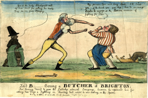 Eine Zeichnung auf einem Blatt Papier, die zwei kämpfende Menschen zeigt, einen Messerwerfer, einen Hund, der nach oben schaut, und den Text "Boxing a Butcher at Brighton".