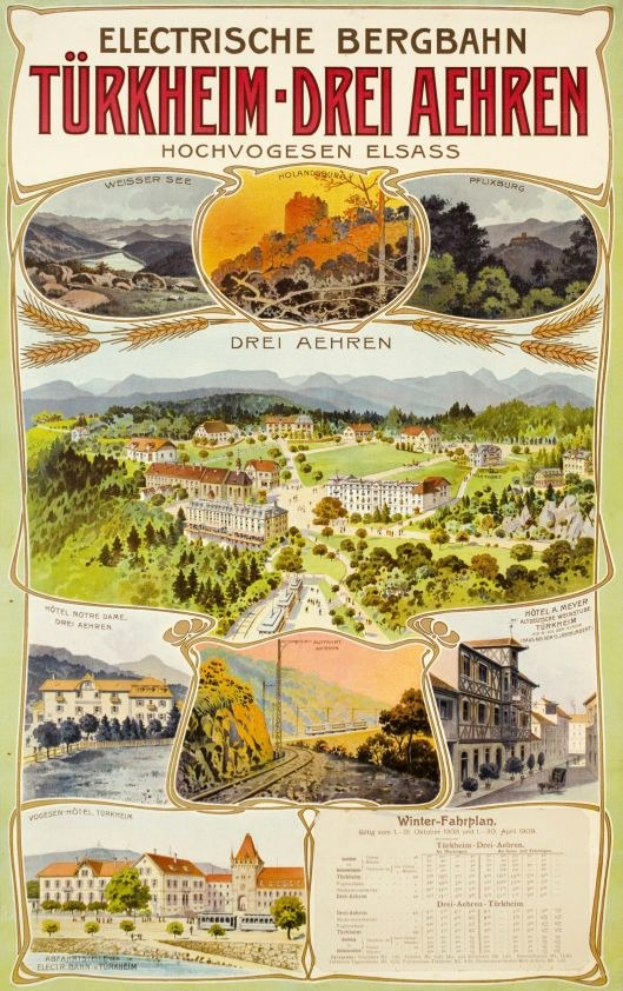 Plakat f"{u}r Bergbahn, Deutschland als eine elektrifizierte Stadt mit Bildern von Geb"{a}uden, B"{a}umen, H"{u}geln und beschreibendem Text.