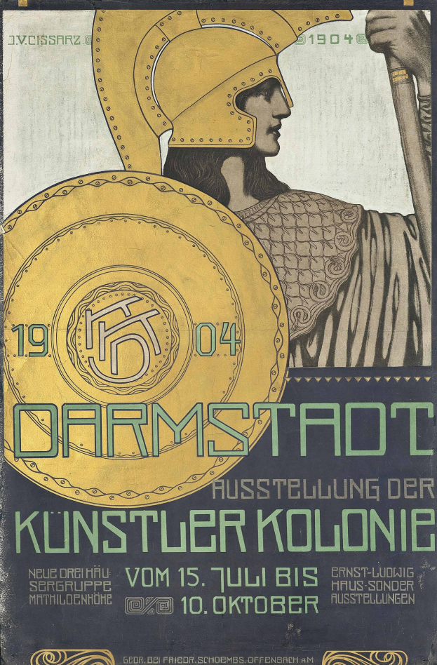 Plakat für ein Berliner Konzert im Jahr 1904, das eine Helme tragende Figur mit einem Schild zeigt, auf dem "Darmstadt" und "Künstler Kolonie" in fetter Schrift stehen.