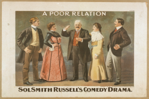 Plakat für "Sol Smith Russells Comedy-Drama: Eine schlechte Beziehung" mit einer Gruppe von lässig gekleideten Menschen verschiedenen Alters und Geschlechts, die gemeinsam vor einem hellblauen Hintergrund stehen.