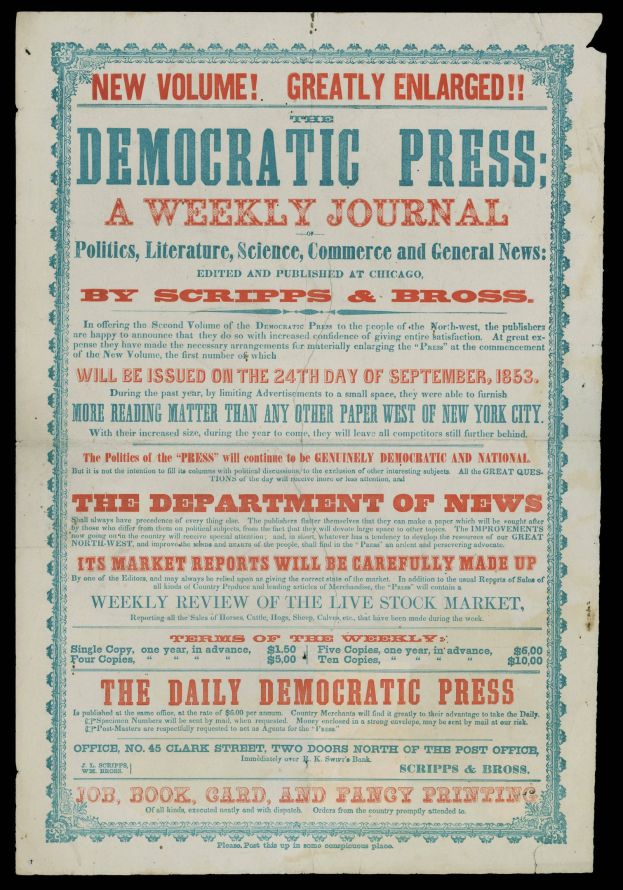 Papier mit dem Text "Democratic Press: A Weekly Journal" darauf gedruckt, vor schwarzem Hintergrund.