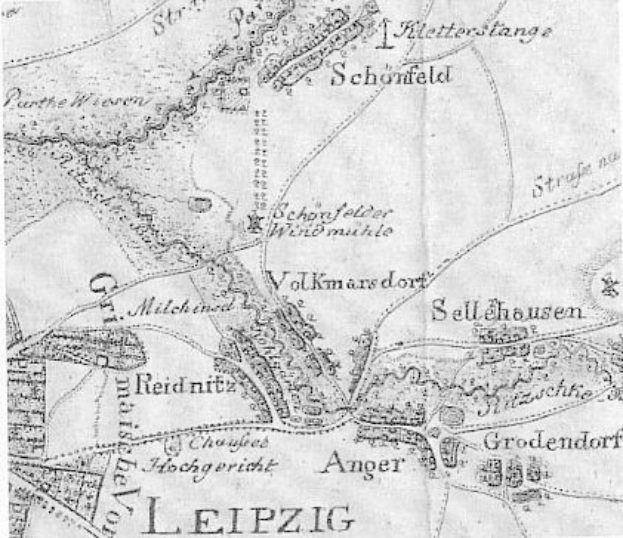 Detailierte alte Karte von Leipzig, Deutschland, mit Straßen, Gebäuden und Sehenswürdigkeiten sowie zusätzlichem Text zu Bevölkerung, Straßen und bemerkenswerten Orten.