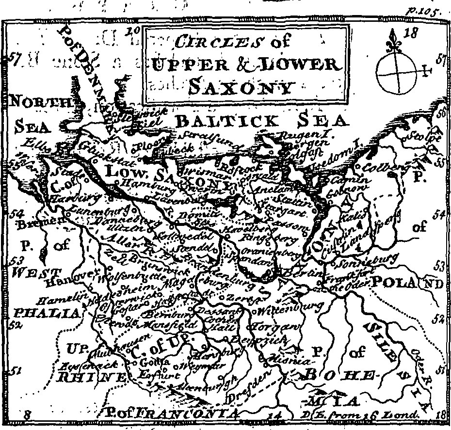 Schwarze und weiße Karte von Ober- und Niedersachsen, die geographische Merkmale wie Flüsse, Berge und Städte zeigt, mit zusätzlichen Textanzeigen.
