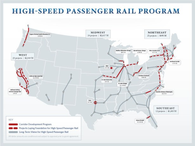 Plakat mit detaillierter Karte des U.S.-Hochgeschwindigkeits-Passagierbahnprogramms, einschließlich Routen und Sehenswürdigkeiten, mit erklärendem Text über seine Ziele und Funktionen.