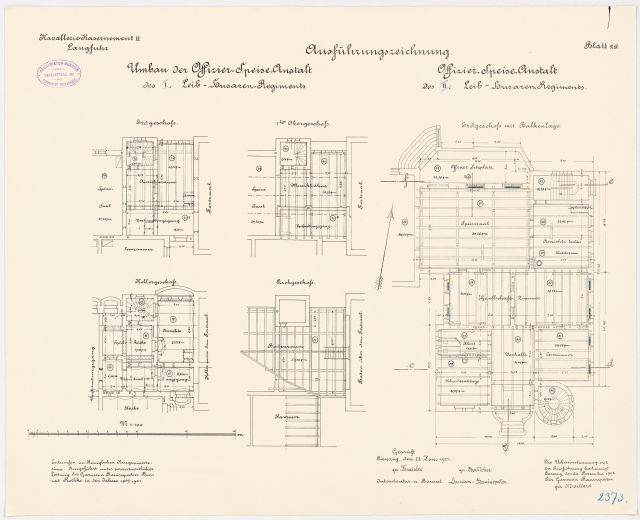 Ein detaillierter Grundrissplan des ehemaligen Bundeskanzleramts, der architektonische Layouts und Textanmerkungen zeigt.