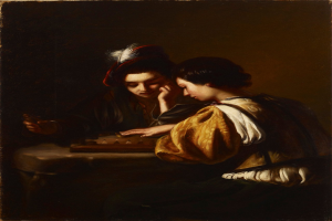 Ein Gemälde von zwei Frauen in traditioneller Kleidung, eine in einem weißen Kleid und die andere in einem schwarzen Anzug, die Schach auf einem Brett spielen, vor einem tiefblauen sternenklaren Nachthimmel.