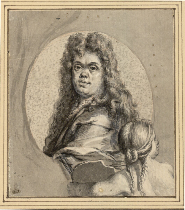 Porträt eines Mannes mit langen Haaren und ernstem Gesichtsausdruck, der dem Betrachter gegenübersteht, neben einer Frau, die ein Kind hält und einen sanften Gesichtsausdruck hat, beide schauen direkt in die Kamera.