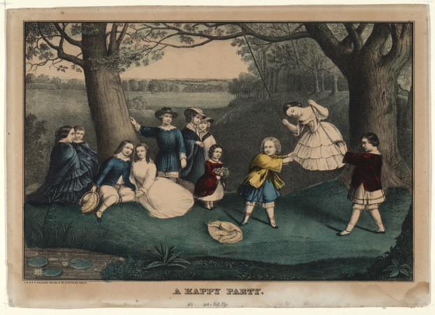 Kinder spielen in einem Park mit Bäumen und Gras, einige sitzen und andere stehen, mit Text 'Eine glückliche Party' unten.