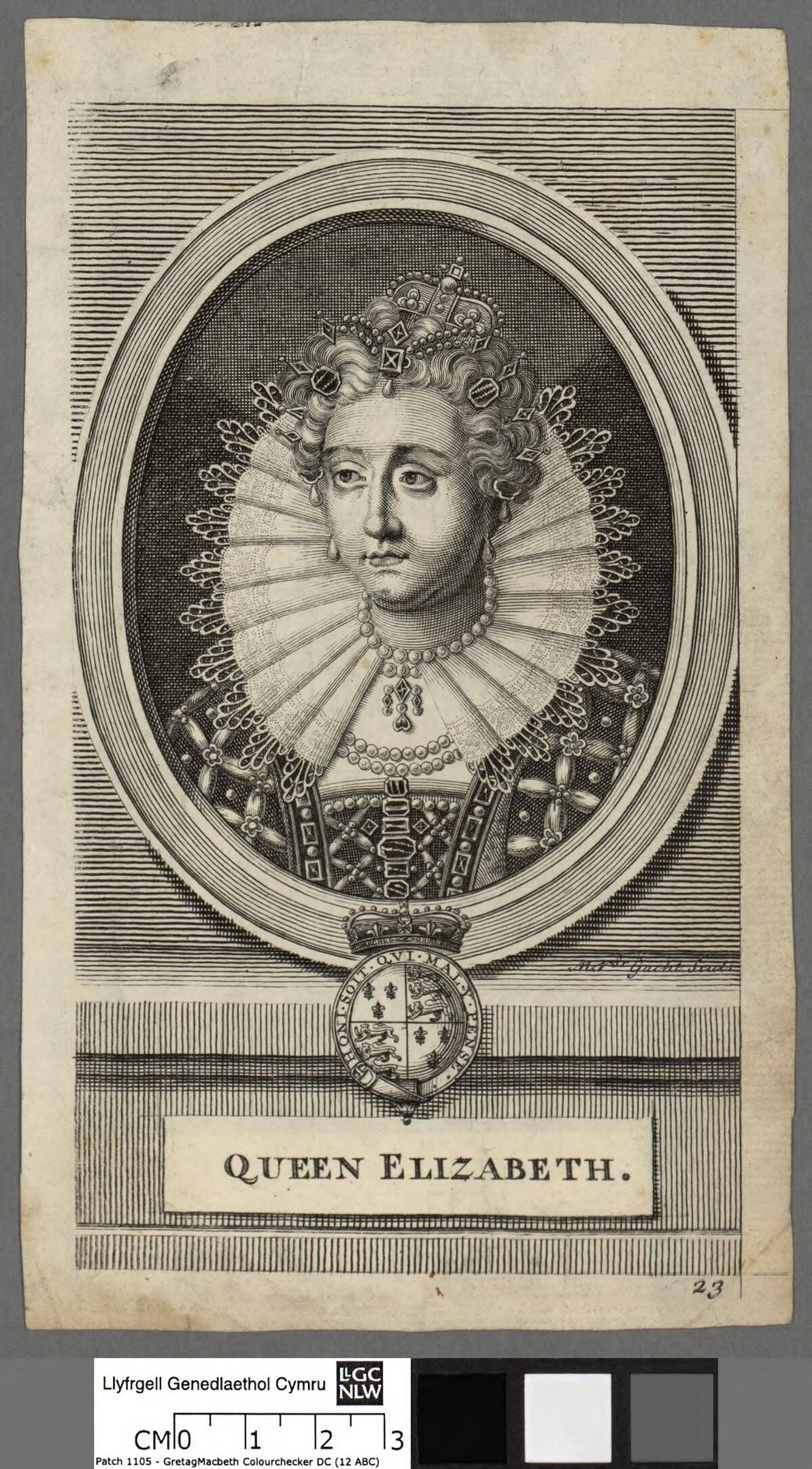 Porträt der Queen Elizabeth I. von England in königlicher Kleidung mit Krone und Tiara, grauer Hintergrund, feine Gesichtszüge und majestätischer Ausdruck.
