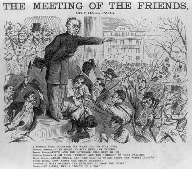 Eine handgezeichnete Skizze auf Papier zeigt eine Gruppe von Menschen mit Waffen in City Hall Park, im Hintergrund ein Gebäude und der Text "Das Treffen der Freunde, City Hall Park."