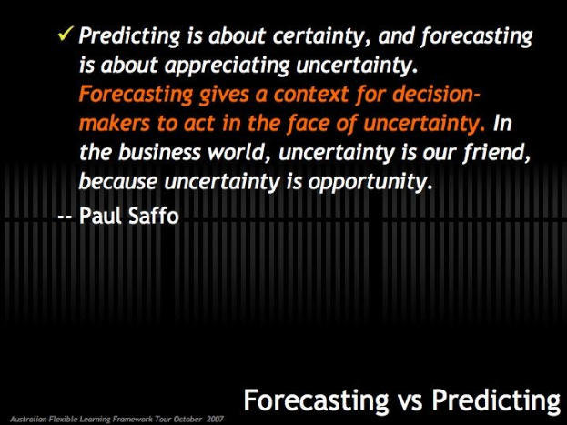 Schwarzer Hintergrund mit weißer Schrift, die "Forecasting vs Predicting: Predicting is about certainty, and forecasting is about appreciating uncertainty." angibt.
