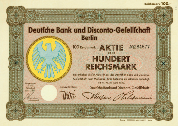 Alte deutsche Banknote mit einer Vogeldarstellung und der Aufschrift "Deutsche Bank und Disconto-Gesellschaft Berlin".